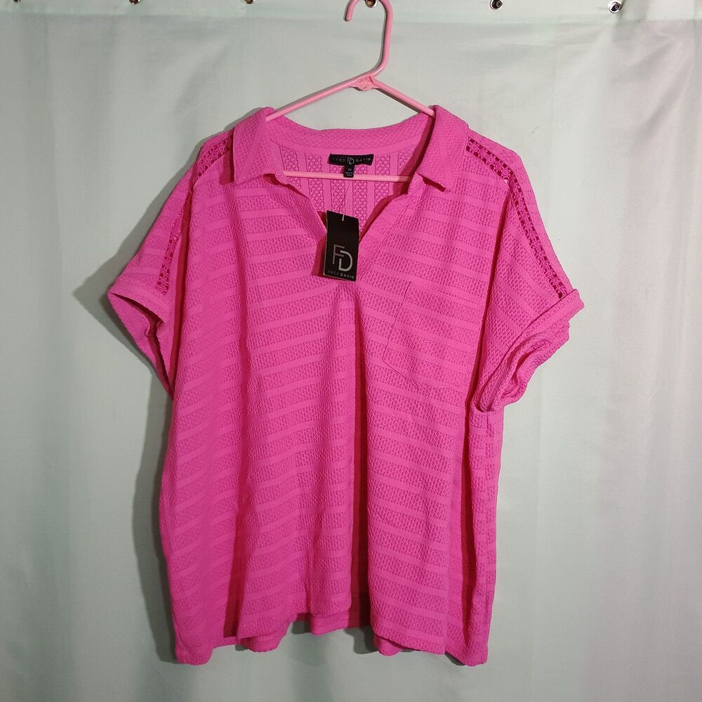 Fred David Hot Pink Open Knit Collared Short Sleeve Top New With Tags